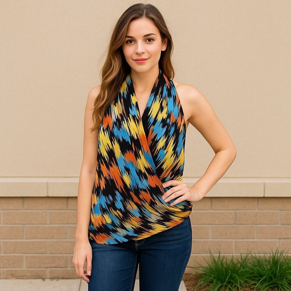 MM Couture by Miss Me Draped Halter Top Multicolor Abstract Print Womenβs Size M